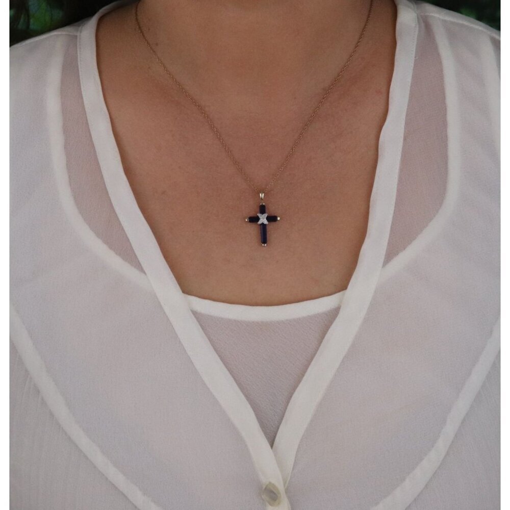 Pendant Only 10k Yellow Gold Lab Created Blue Sapphire and Diamond Cross Pendant - Picture 4 of 7